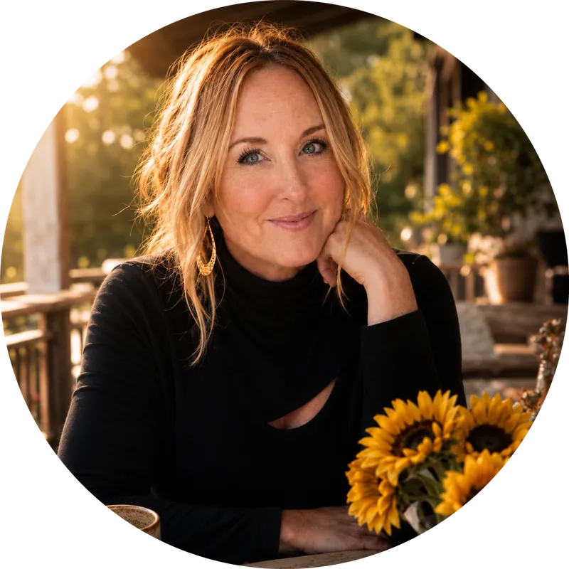 Jen Crowe smiling on a sunlit porch with sunflowers